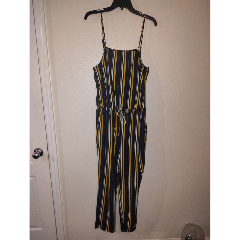Ci Sono Womens Striped Spaghetti Strap Jumpsuit Navy Yellow White Large